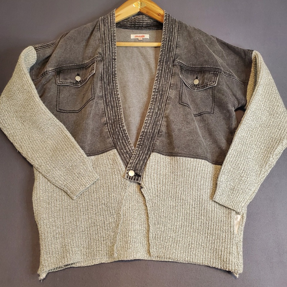 Mazik Cardigan Jacket Shacket Black Denim Gray Knit OVERSIZED M Lagenlook Coat
